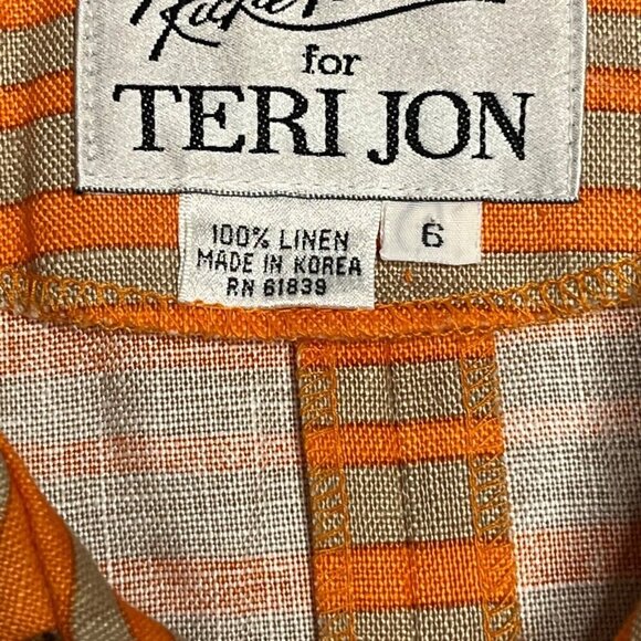 Rickie Freeman for Teri Jon Linen Short Sleeve Blazer‎ Orange Brown Striped 6 - Picture 4 of 10